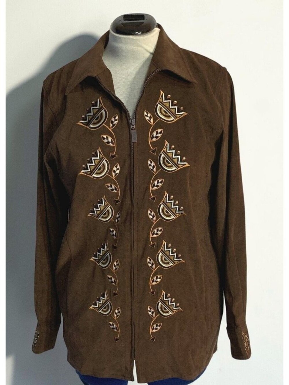 Bob Mackie Aztec Floral Brown Shirt Size S Top Wearable Art Zip Up Pockets